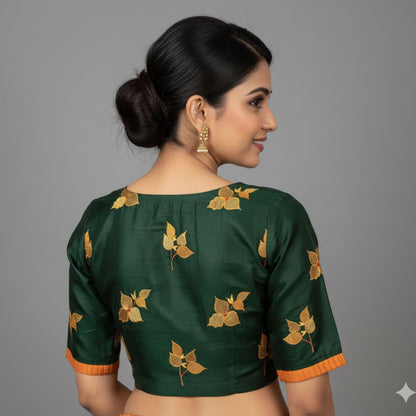 Embroidered Emerald Green Silk Cotton Blouse -Blouse- Aananda Collections