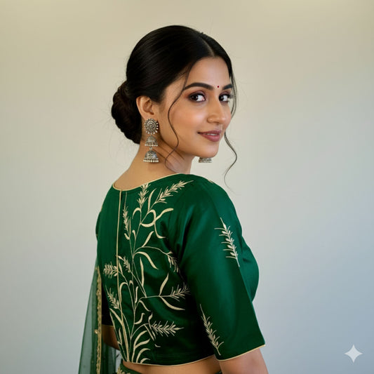 Embroidered Emerald Green Silk Cotton Blouse -Blouse- Aananda Collections