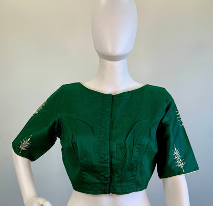 Embroidered Emerald Green Silk Cotton Blouse -Blouse- Aananda Collections