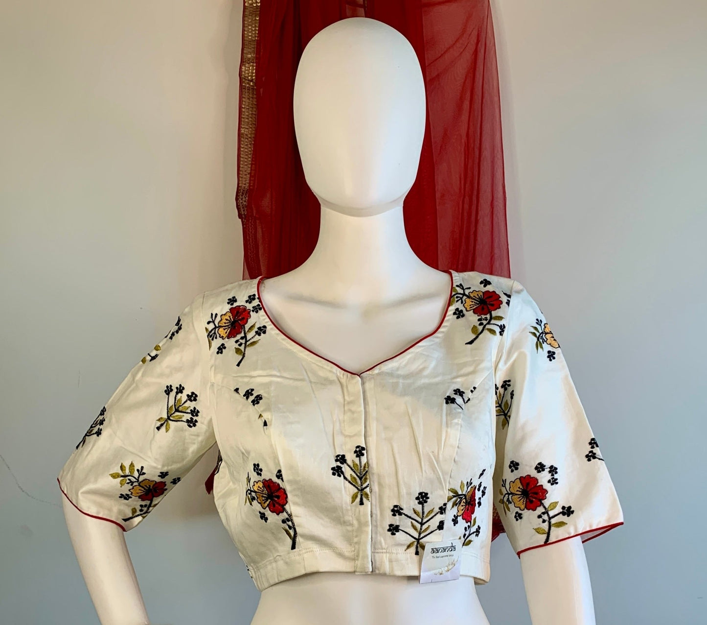 Embroidered Off-White Silk Cotton Blouse -Blouse- Aananda Collections