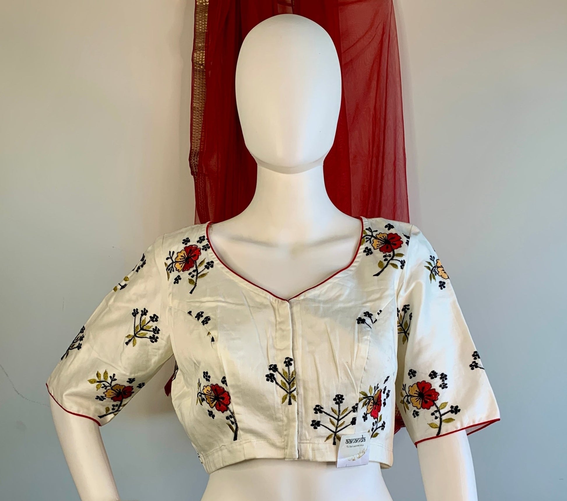 Embroidered Off-White Silk Cotton Blouse -Blouse- Aananda Collections