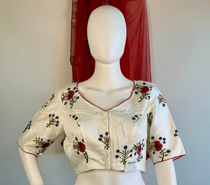 Embroidered Off-White Silk Cotton Blouse -Blouse- Aananda Collections