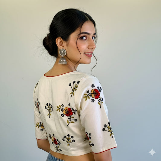 Embroidered Off-White Silk Cotton Blouse -Blouse- Aananda Collections