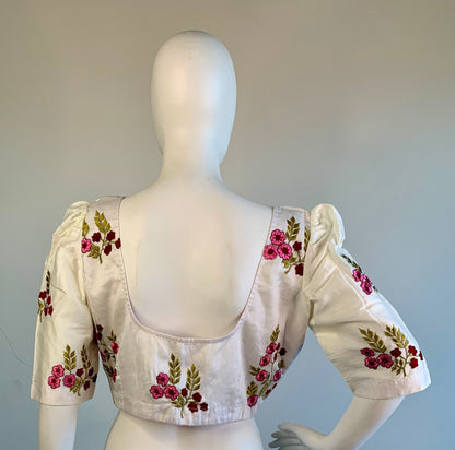 Embroidered Off-White Silk Cotton Blouse -Blouse- Aananda Collections