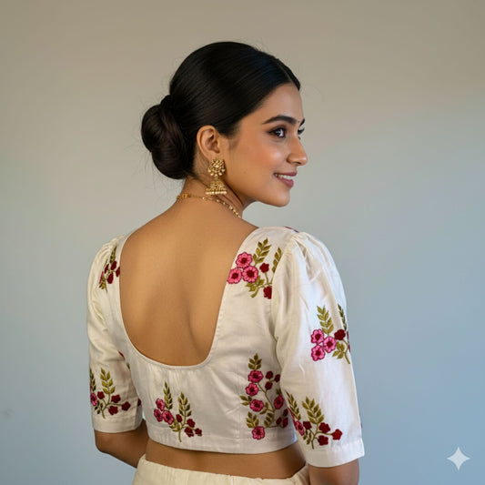 Embroidered Off-White Silk Cotton Blouse -Blouse- Aananda Collections