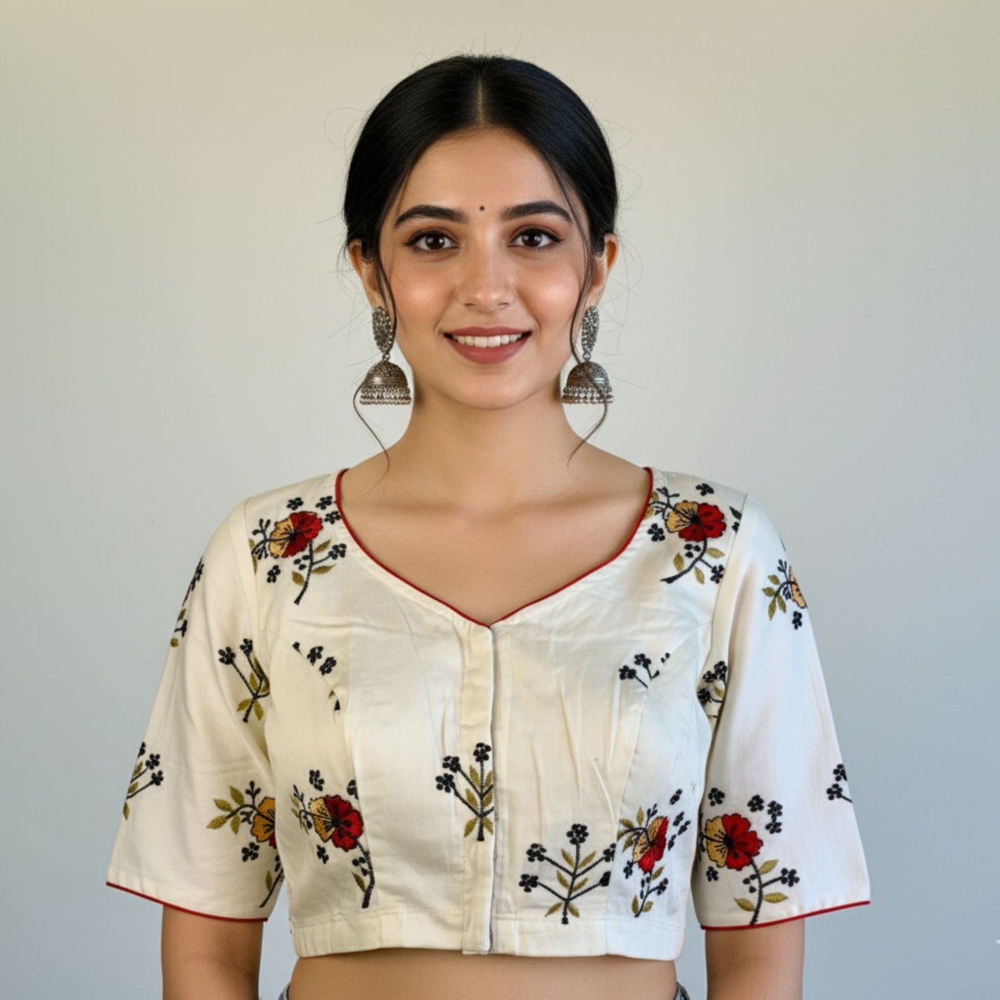 Embroidered Off-White Silk Cotton Blouse -Blouse- Aananda Collections
