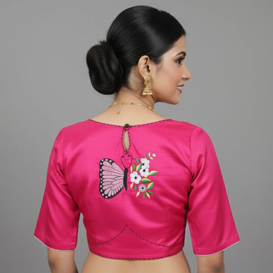 Embroidered Pink Silk Cotton Blouse -Blouse- Aananda Collections