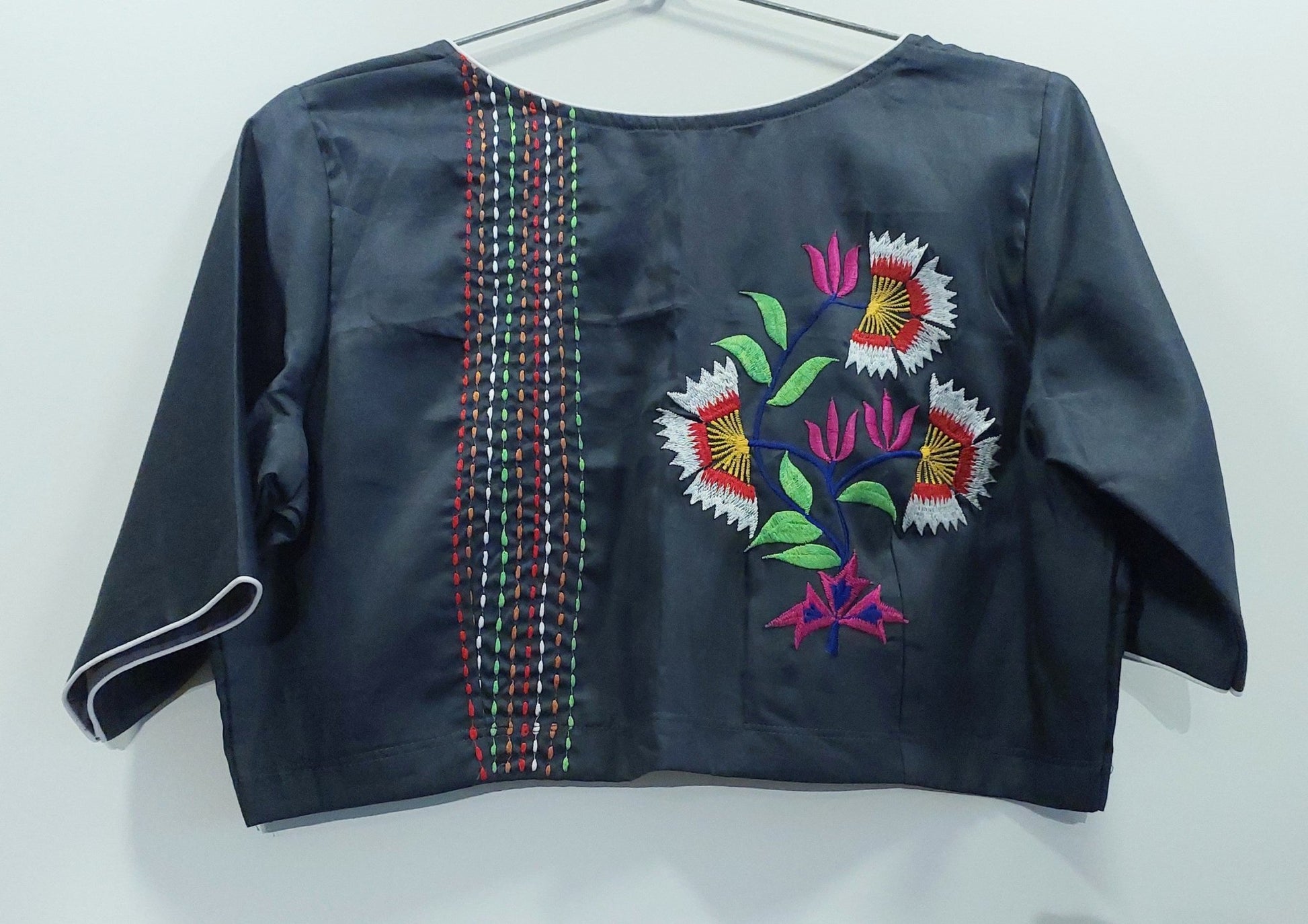 Embroidered Steel Grey Silk Cotton Blouse -Blouse- Aananda Collections