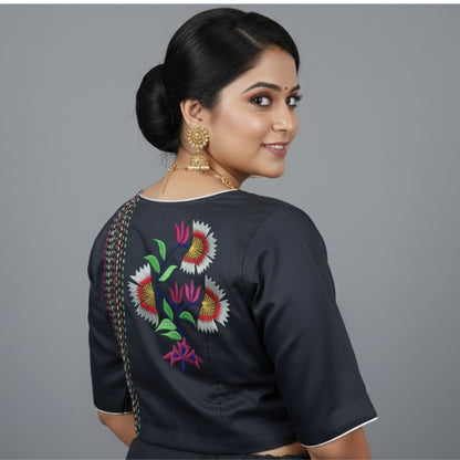 Embroidered Steel Grey Silk Cotton Blouse -Blouse- Aananda Collections