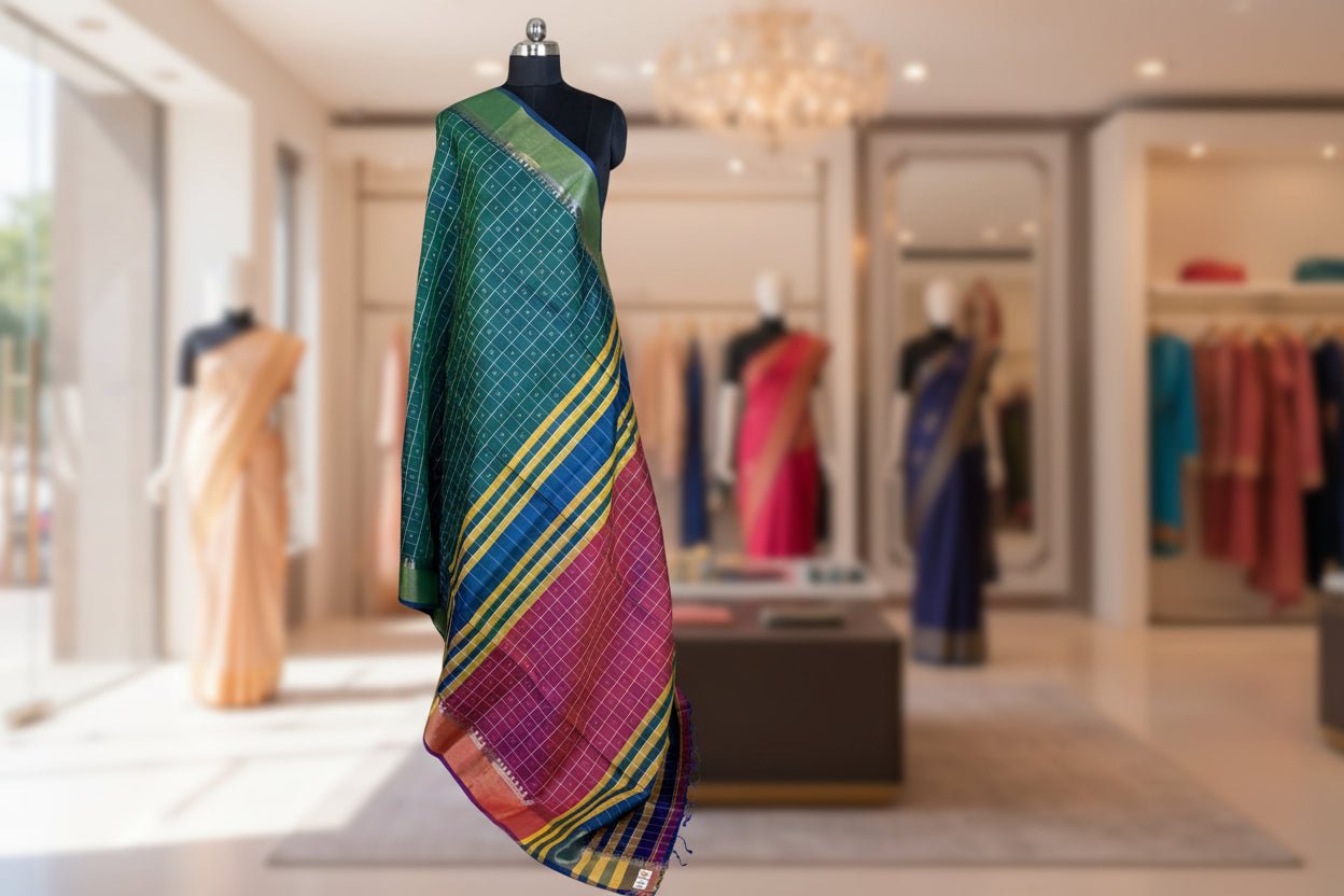 Emerald Green Kalakshetra Katan Silk Saree -Handloom Sarees- Aananda Collections