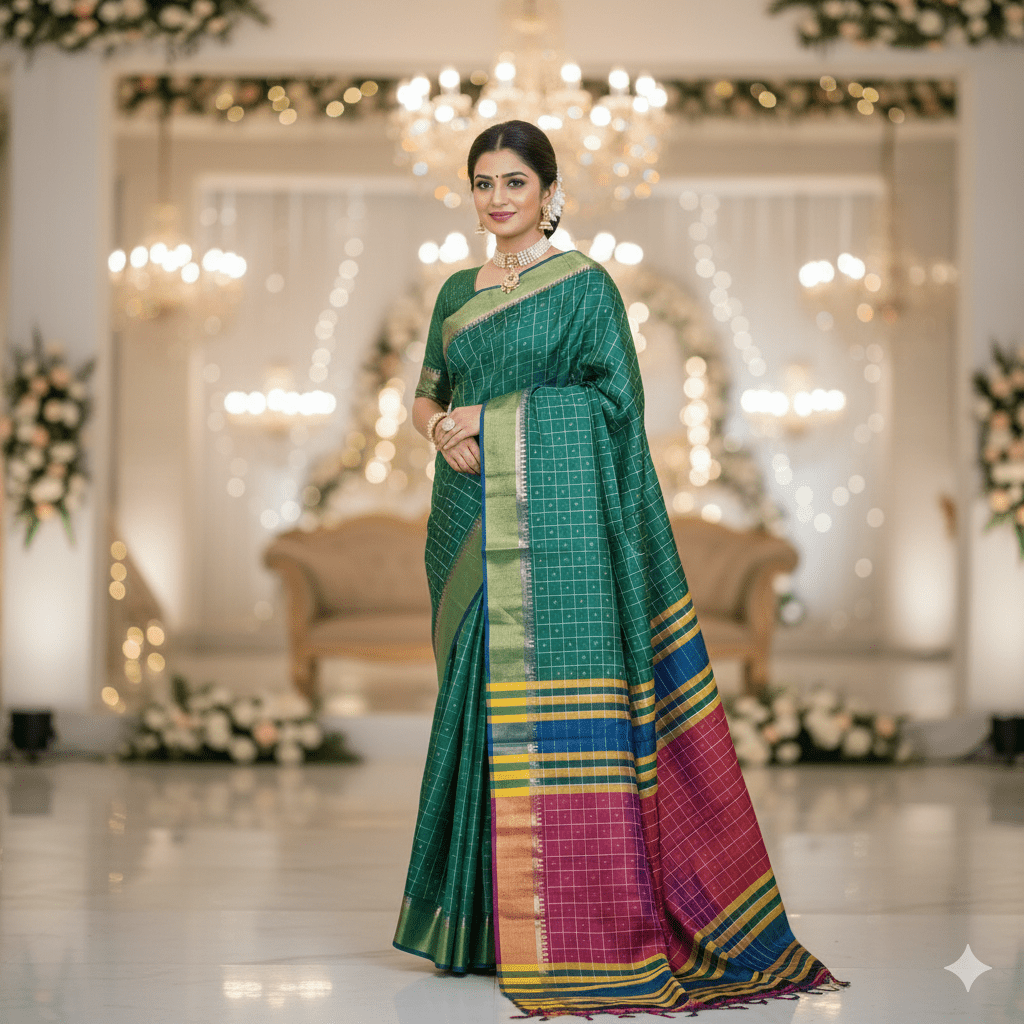 Emerald Green Kalakshetra Katan Silk Saree -Handloom Sarees- Aananda Collections
