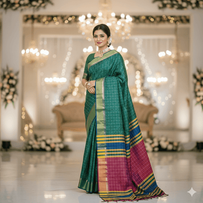 Emerald Green Kalakshetra Katan Silk Saree -Handloom Sarees- Aananda Collections