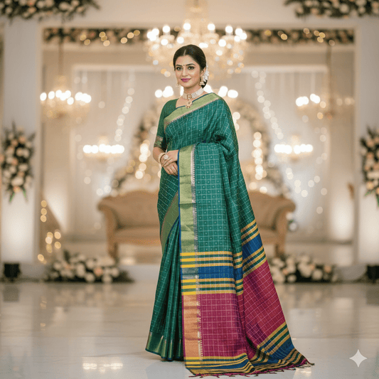 Emerald Green Kalakshetra Katan Silk Saree -Handloom Sarees- Aananda Collections