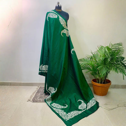 Emerald Green Pure Silk Kantha Stitch Saree -Handloom Sarees- Aananda Collections