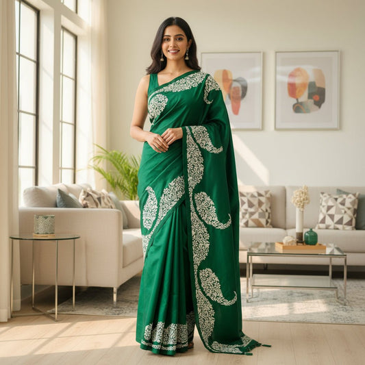 Emerald Green Pure Silk Kantha Stitch Saree -Handloom Sarees- Aananda Collections