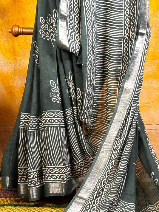Green and White Hand Block Printed Linen Saree -Handloom Sarees- Aananda Collections