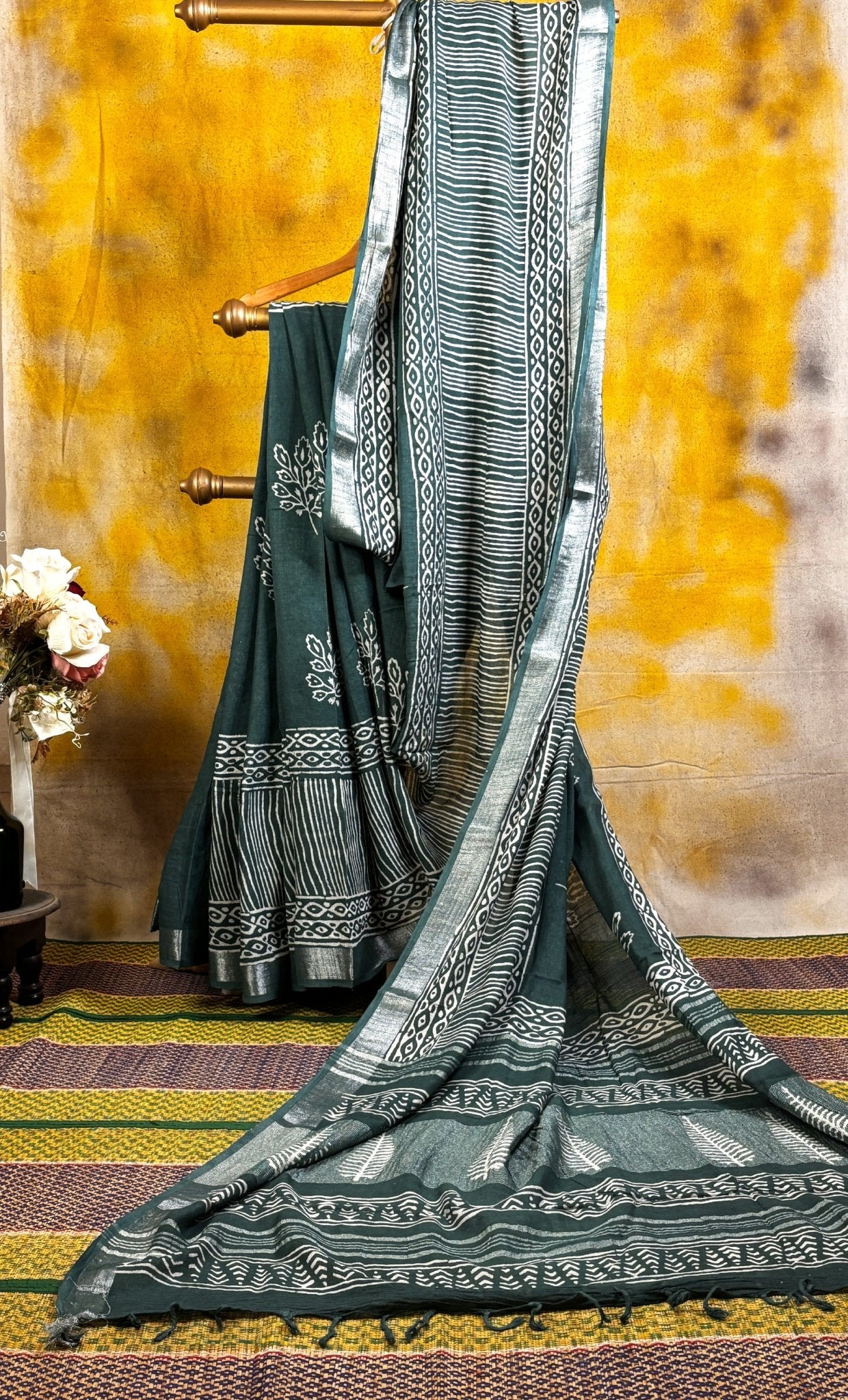 Green and White Hand Block Printed Linen Saree -Handloom Sarees- Aananda Collections