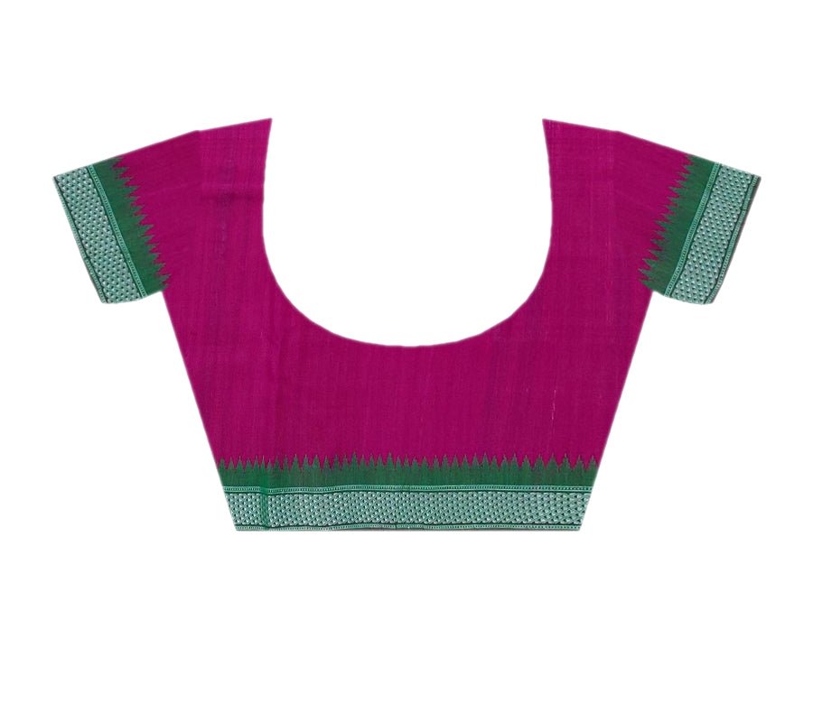 A magenta pink blouse with green patterned borders on the sleeve cuffs and bottom hem, displayed flat against a white background