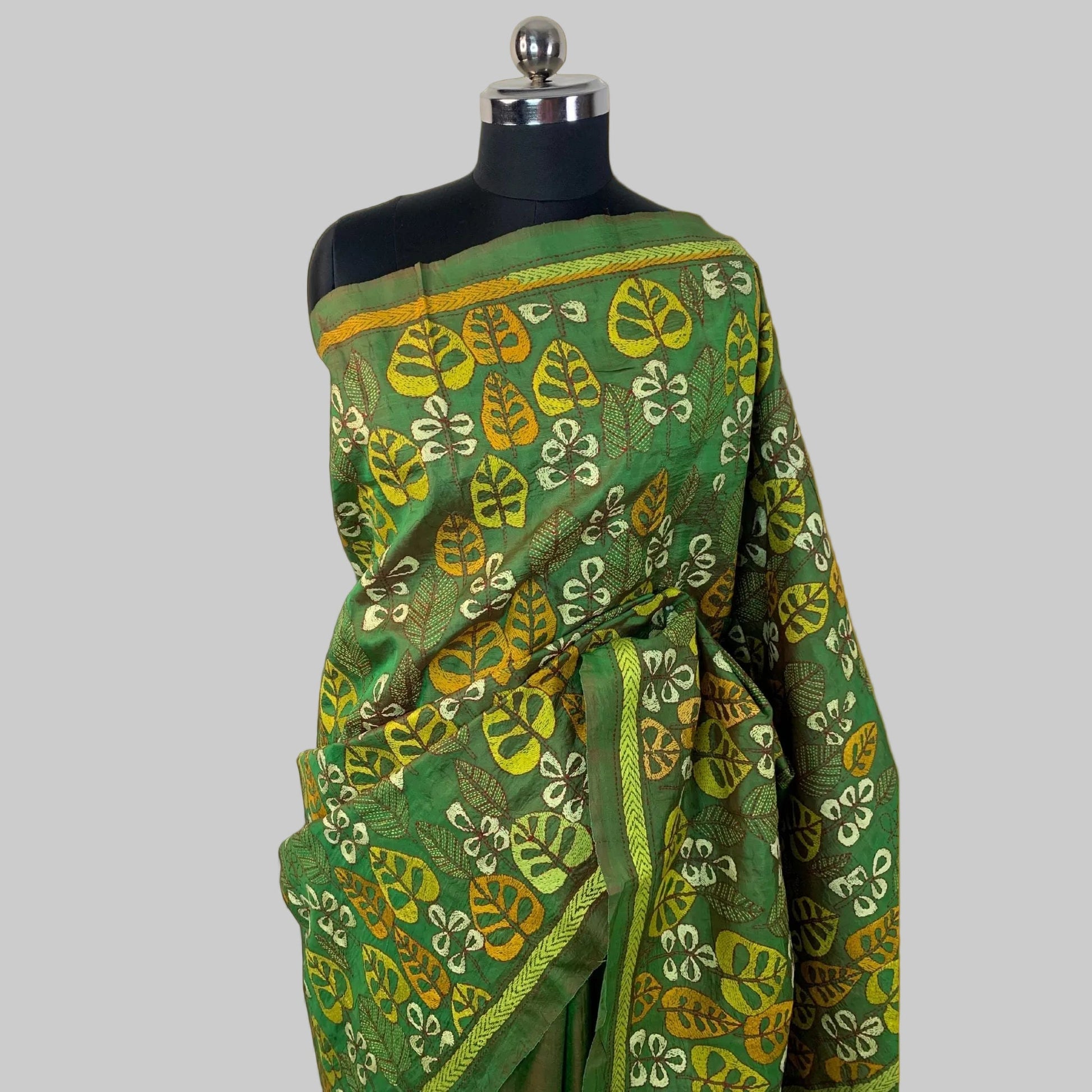 Green Pure Silk Kantha Stitch Saree -Handloom Sarees- Aananda Collections