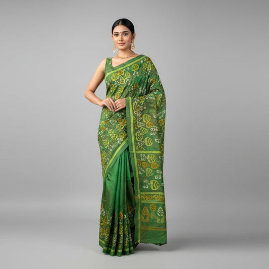 Green Pure Silk Kantha Stitch Saree -Handloom Sarees- Aananda Collections