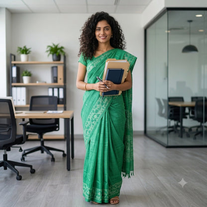 A woman with curly dark hair stands in a bright modern office wearing a green saree and holding a stack of files and a pen.