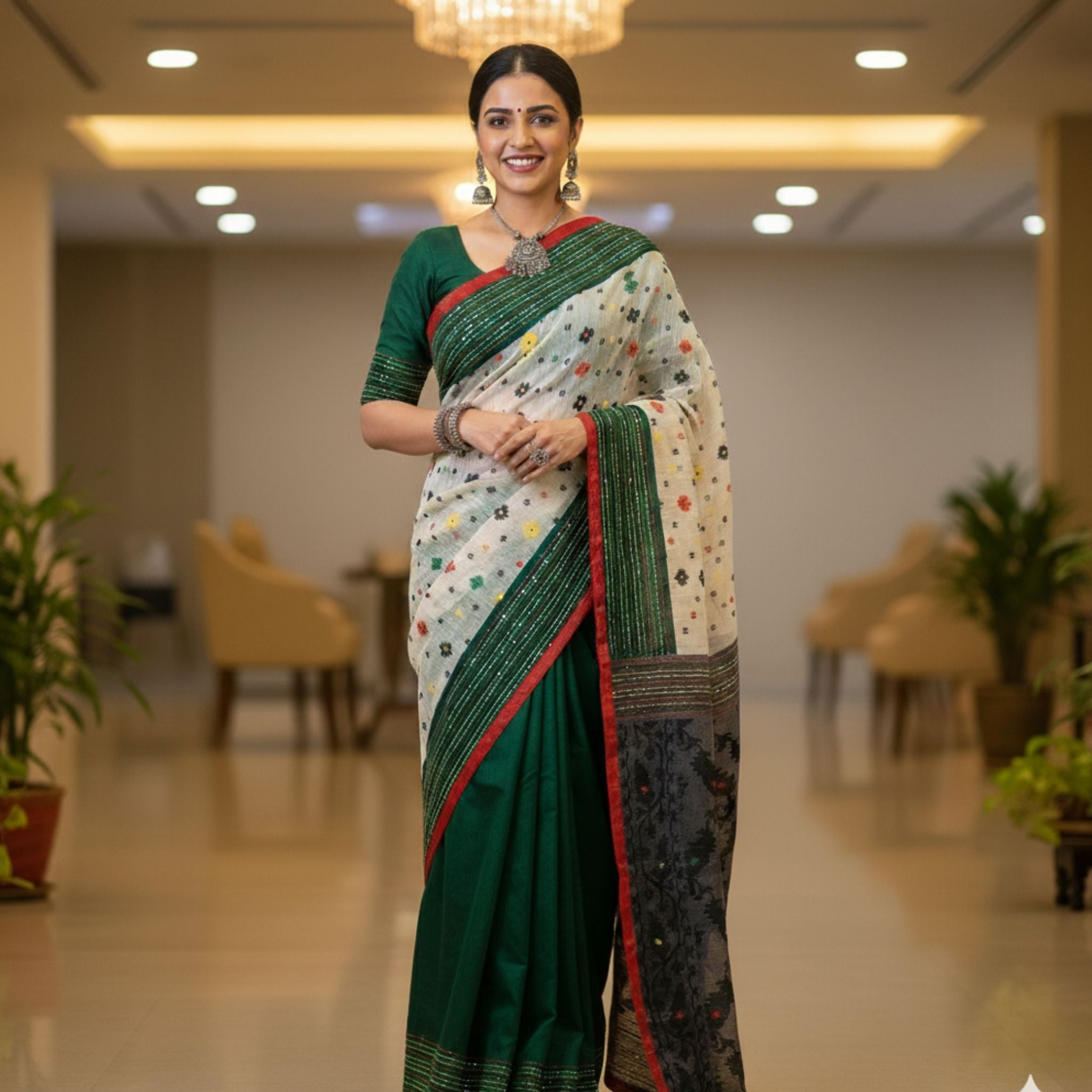 Green & White Designer Soft Dhakai Jamdani -Powerloom Sarees- Aananda Collections