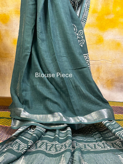 Green and White Hand Block Printed Linen Saree