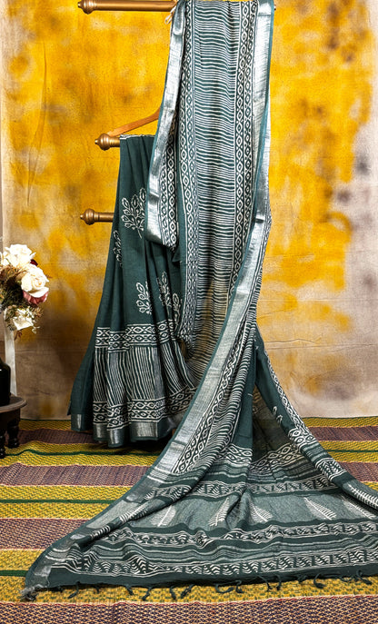 Green and White Hand Block Printed Linen Saree