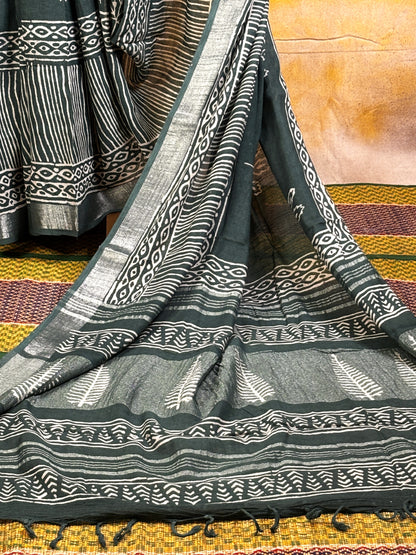 Green and White Hand Block Printed Linen Saree