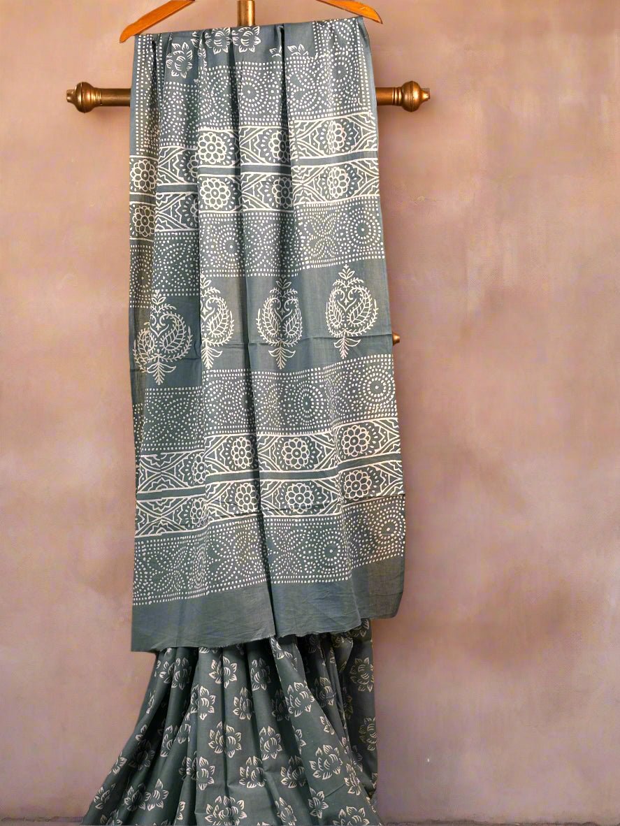 Grey and White Mul Mul Cotton Block Printed Saree -Handloom Sarees- Aananda Collections