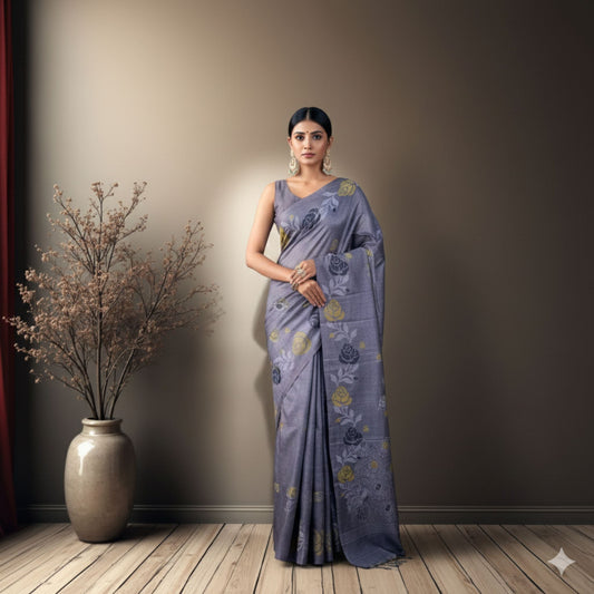 Grey Tussar Jamdani Saree -Handloom Sarees- Aananda Collections
