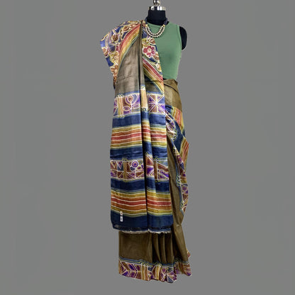 Hand Painted Antique Gold Tussar Silk Saree -Handloom Sarees- Aananda Collections