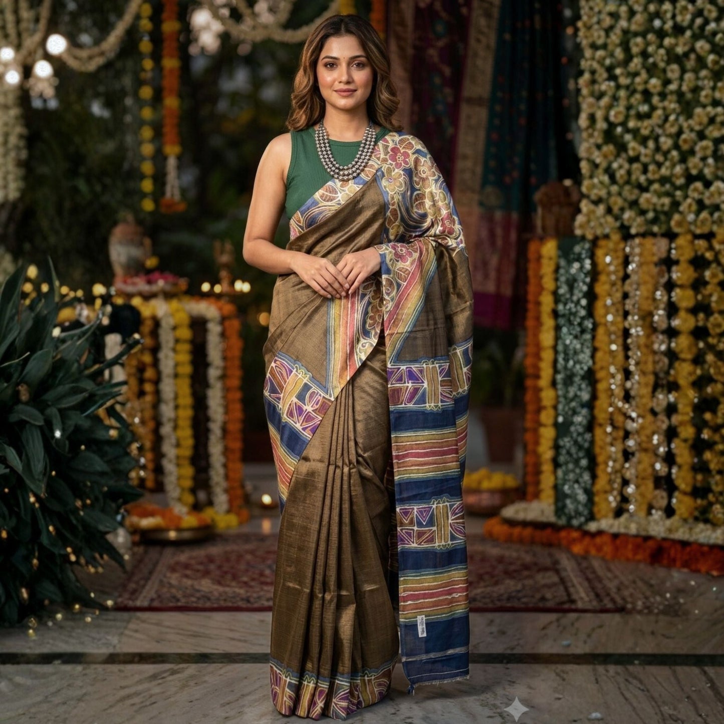 Hand Painted Antique Gold Tussar Silk Saree -Handloom Sarees- Aananda Collections