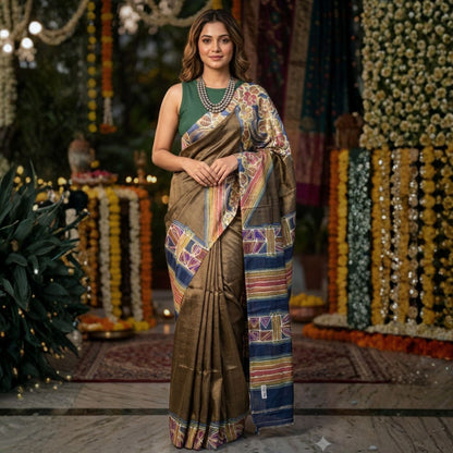Hand Painted Antique Gold Tussar Silk Saree -Handloom Sarees- Aananda Collections