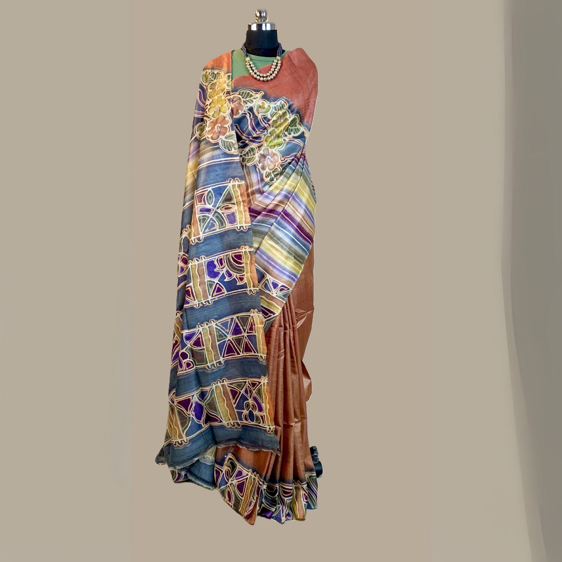 Hand Painted Light Rust Tussar Silk Saree -Handloom Sarees- Aananda Collections