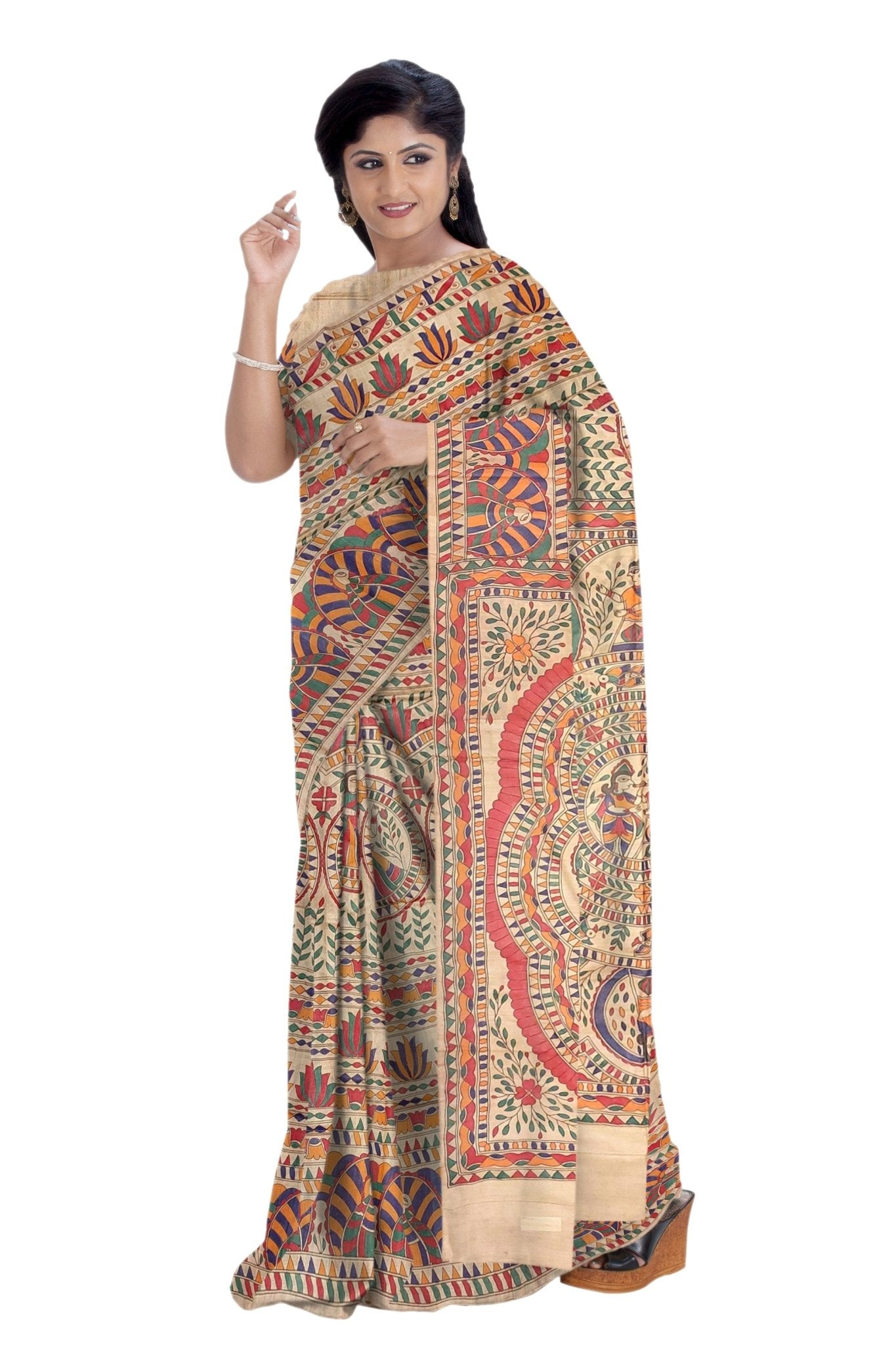 Hand painted Madhubani on Tussar Silk Saree -Handloom Sarees- Aananda Collections