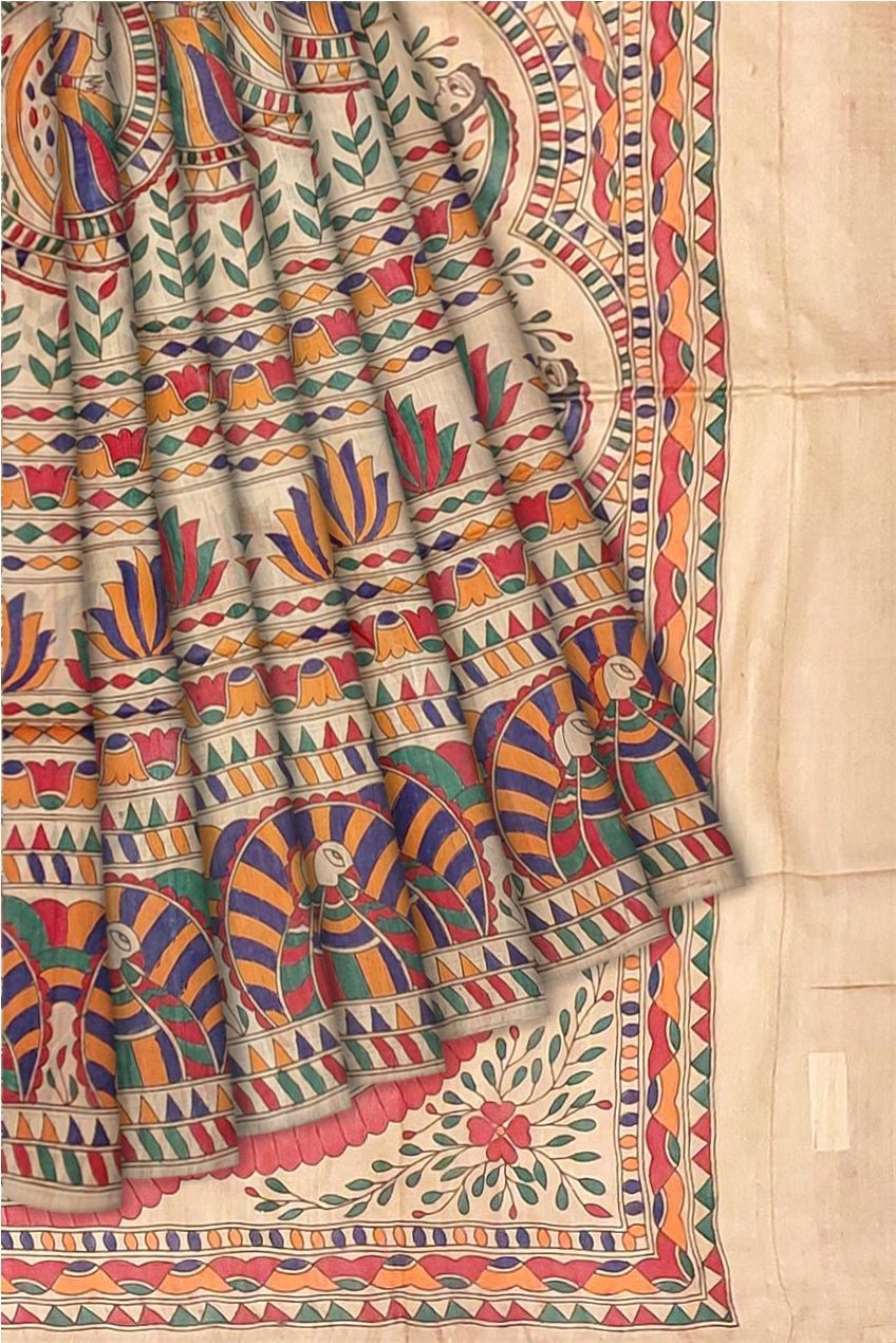 Hand painted Madhubani on Tussar Silk Saree -Handloom Sarees- Aananda Collections