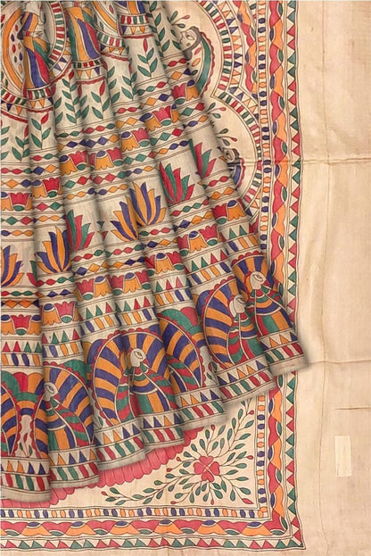 Hand painted Madhubani on Tussar Silk Saree -Handloom Sarees- Aananda Collections