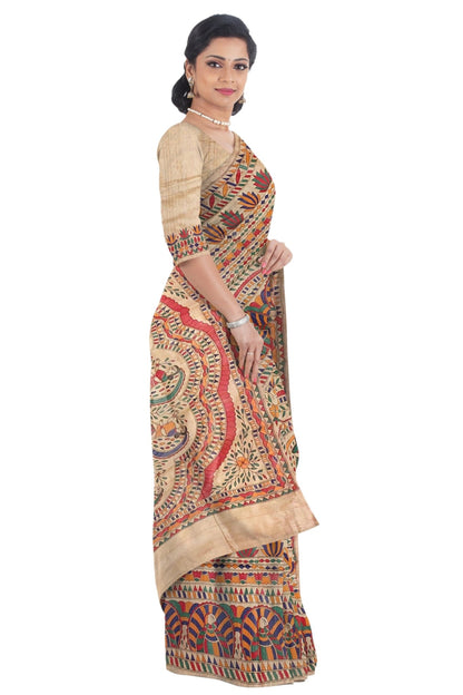 Hand painted Madhubani on Tussar Silk Saree -Handloom Sarees- Aananda Collections