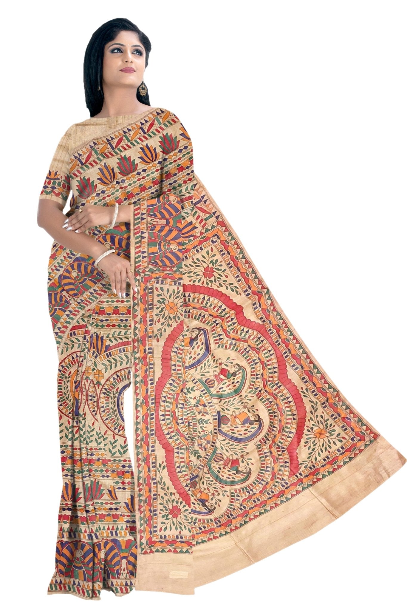 Hand painted Madhubani on Tussar Silk Saree -Handloom Sarees- Aananda Collections