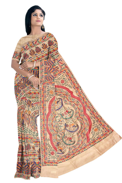 Hand painted Madhubani on Tussar Silk Saree -Handloom Sarees- Aananda Collections