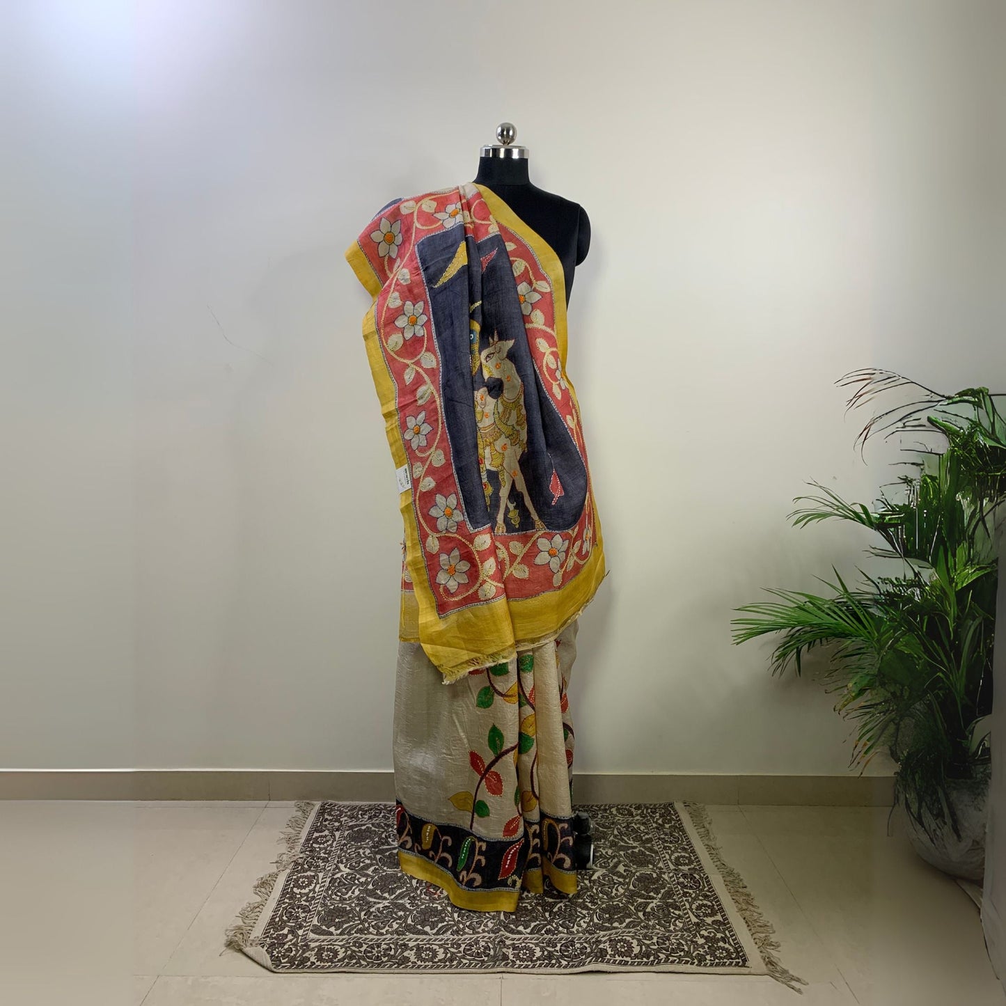 Hand-Painted Tussar Silk Saree with Kantha Work -Handloom Sarees- Aananda Collections