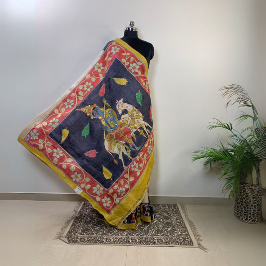 Hand-Painted Tussar Silk Saree with Kantha Work -Handloom Sarees- Aananda Collections