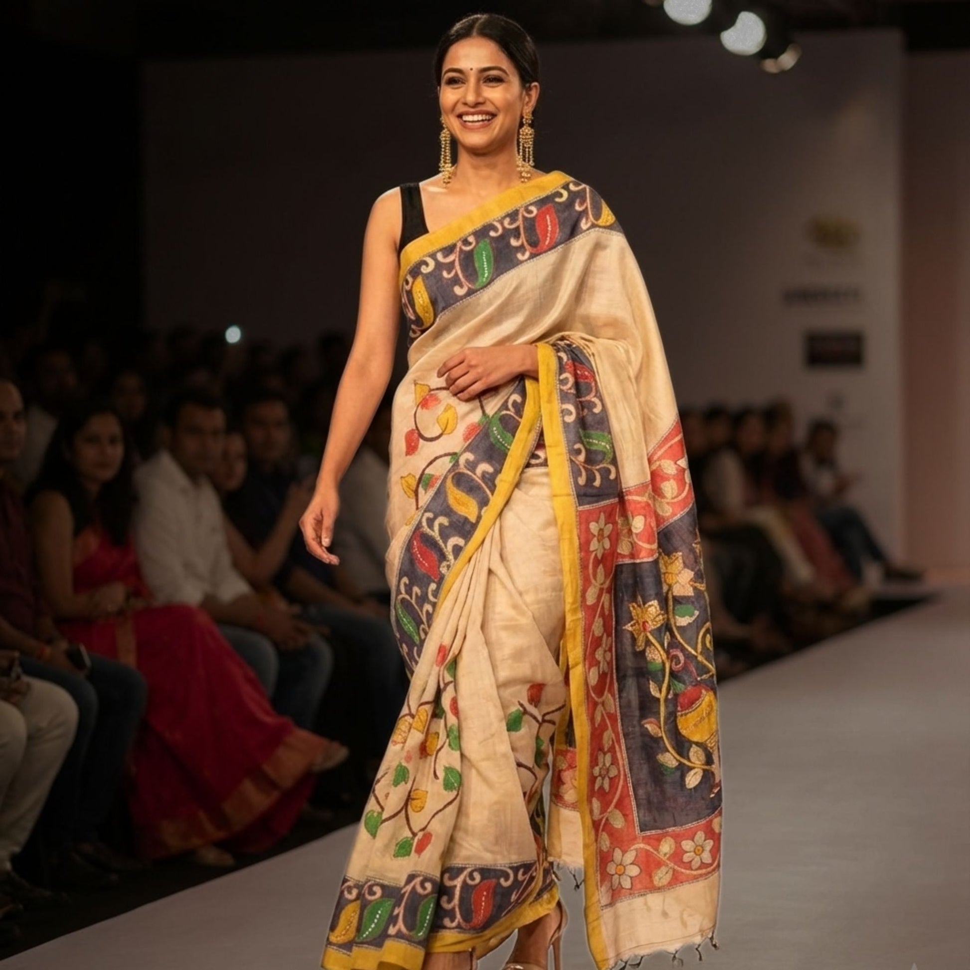 Hand-Painted Tussar Silk Saree with Kantha Work -Handloom Sarees- Aananda Collections