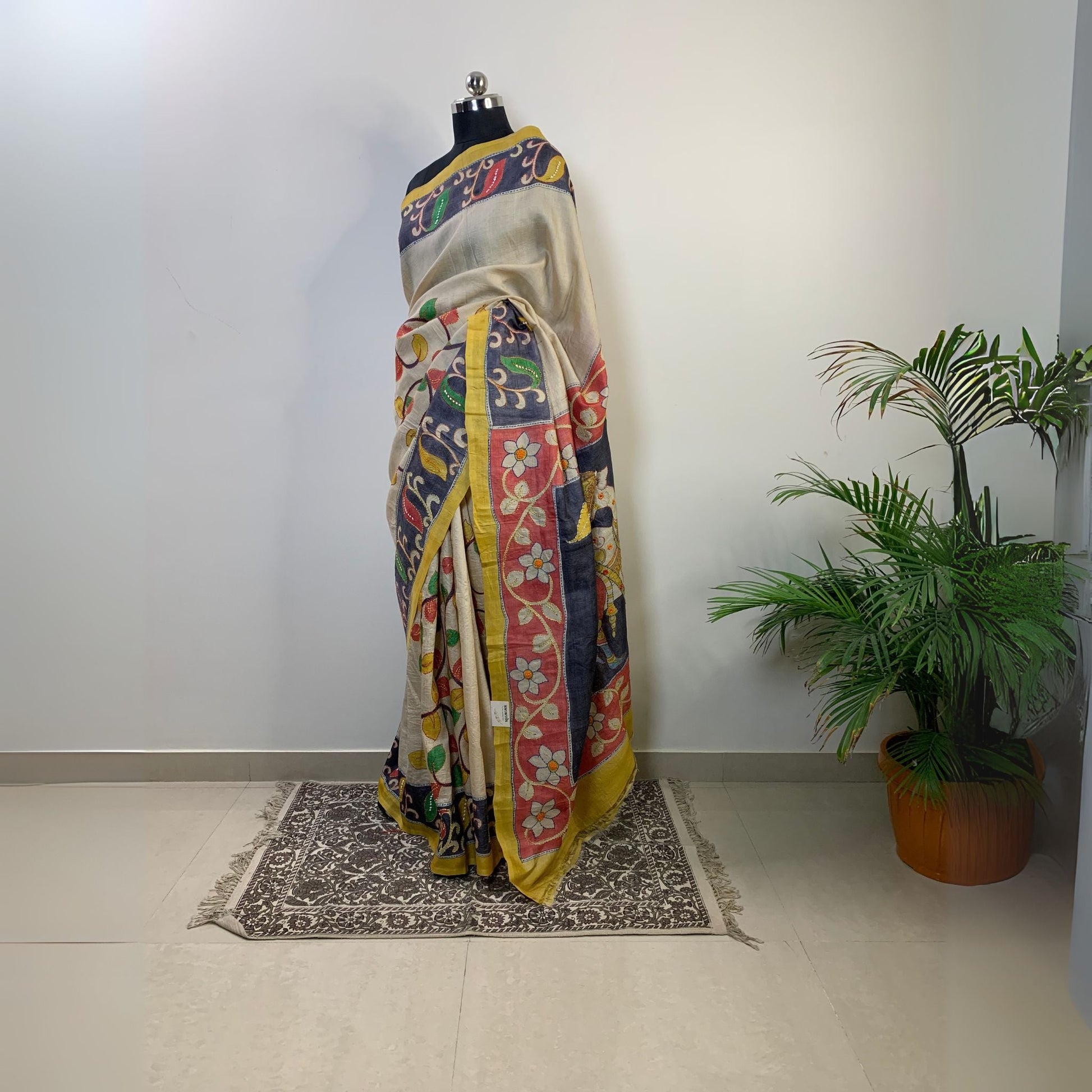 Hand-Painted Tussar Silk Saree with Kantha Work -Handloom Sarees- Aananda Collections