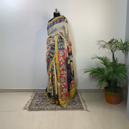 Hand-Painted Tussar Silk Saree with Kantha Work -Handloom Sarees- Aananda Collections