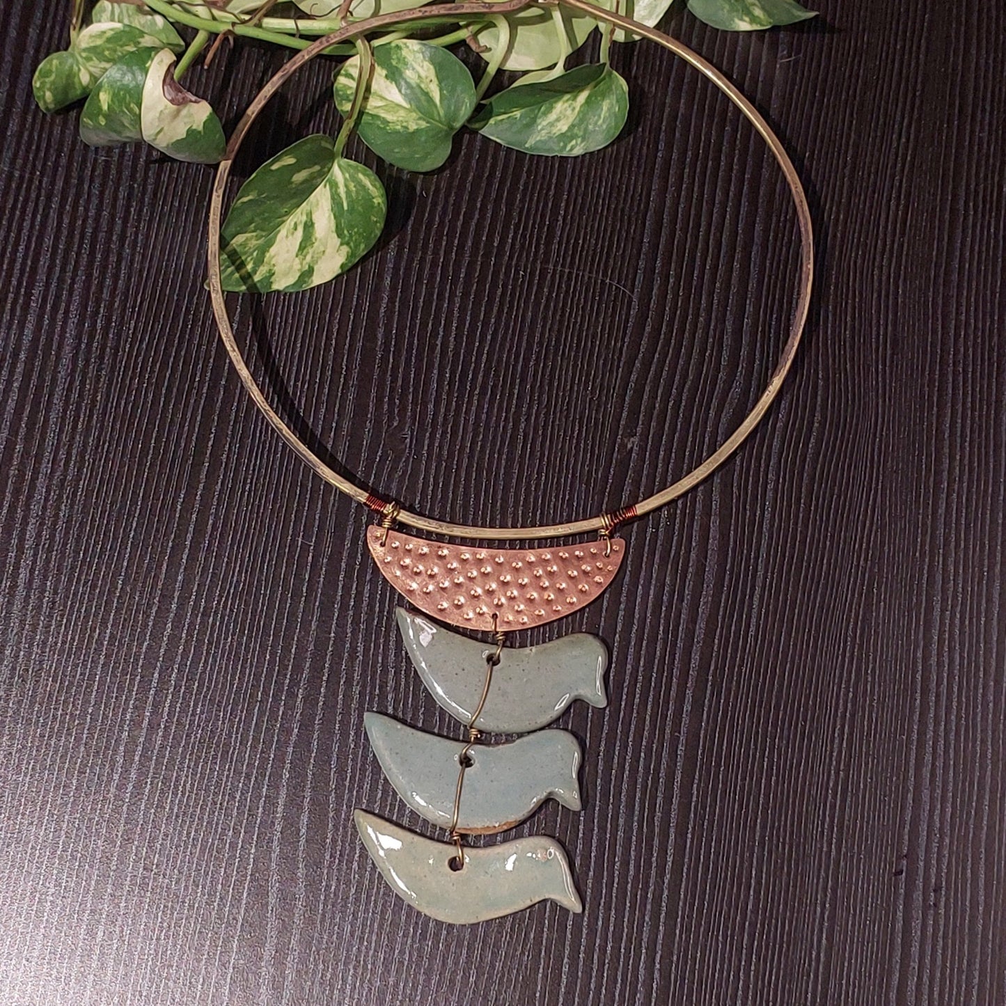 Handcrafted Hansuli in Dokra/Brass With Ceramic Pendant -Jewellery- Aananda Collections