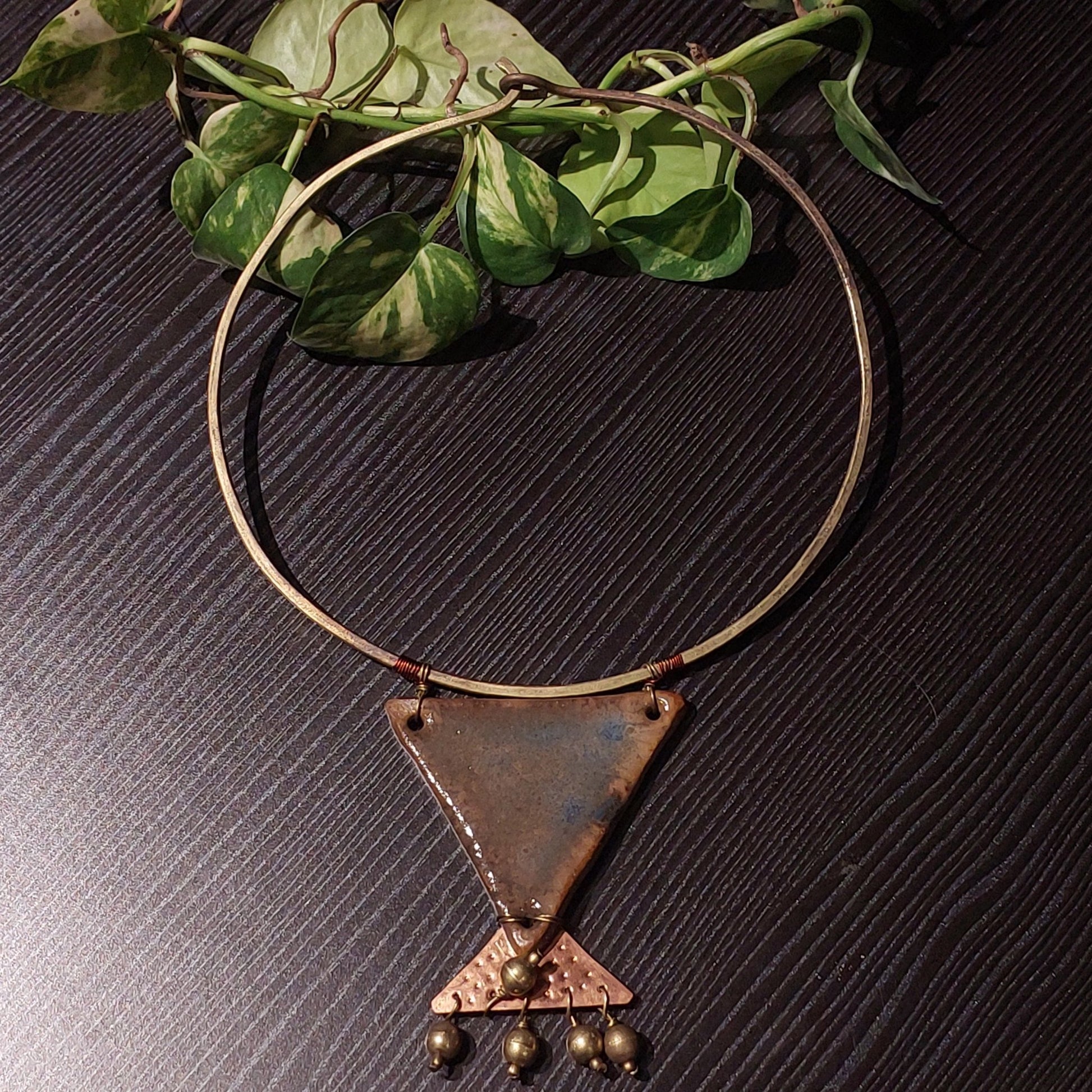 Handcrafted Hansuli in Dokra/Brass With Ceramic Pendant -Jewellery- Aananda Collections