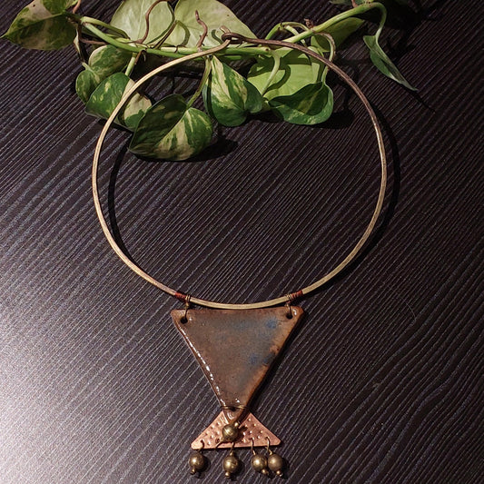 Handcrafted Hansuli in Dokra/Brass With Ceramic Pendant -Jewellery- Aananda Collections