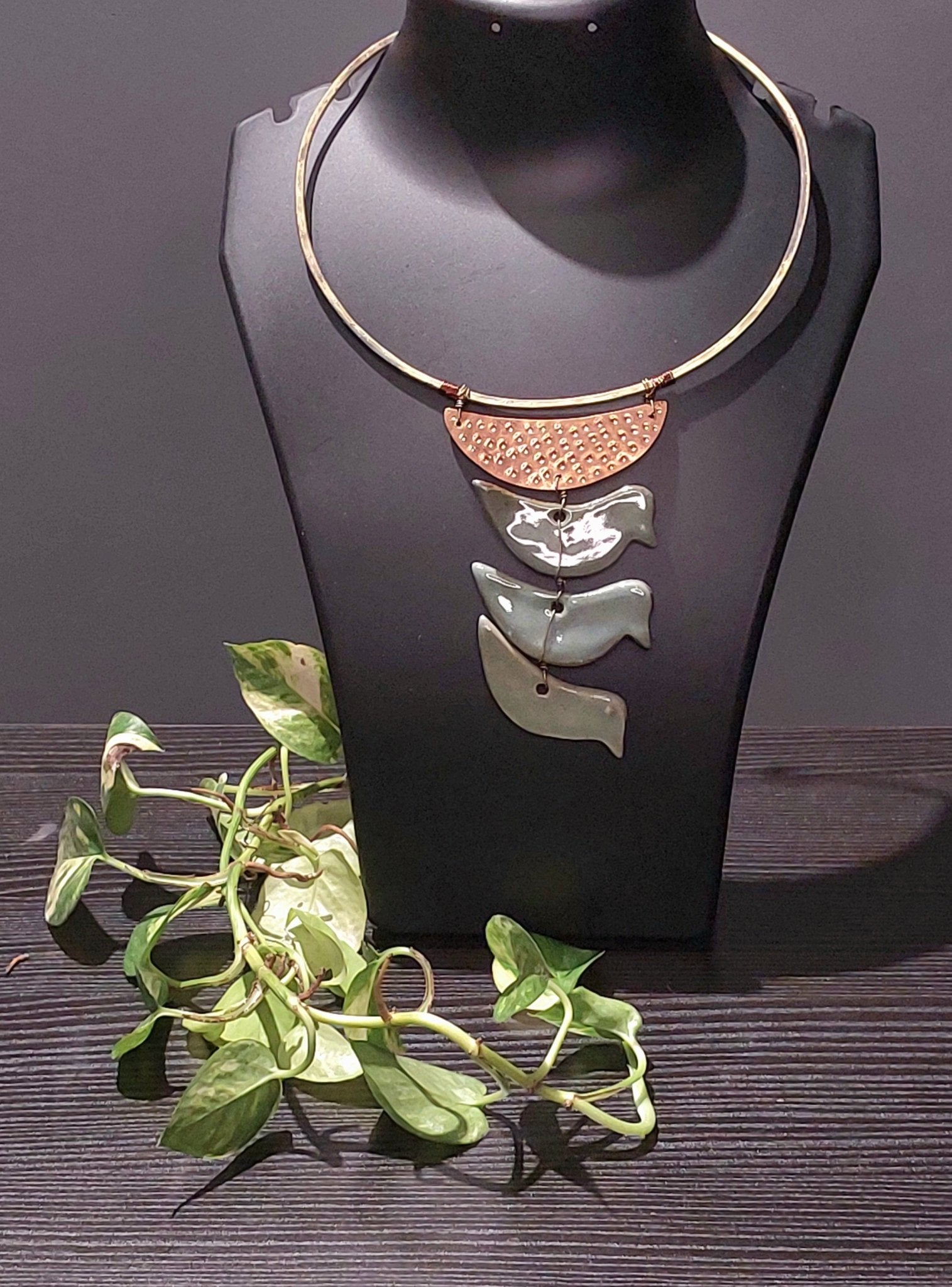 Handcrafted Hansuli in Dokra/Brass With Ceramic Pendant -Jewellery- Aananda Collections